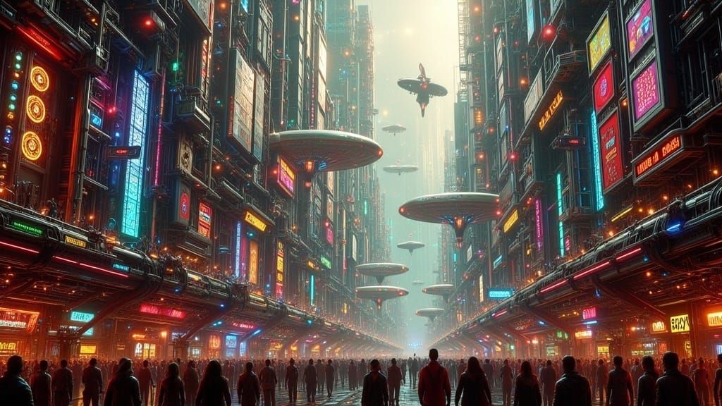 Cyberpunk Metropolis at Dusk in NeoFlux Gothic Style