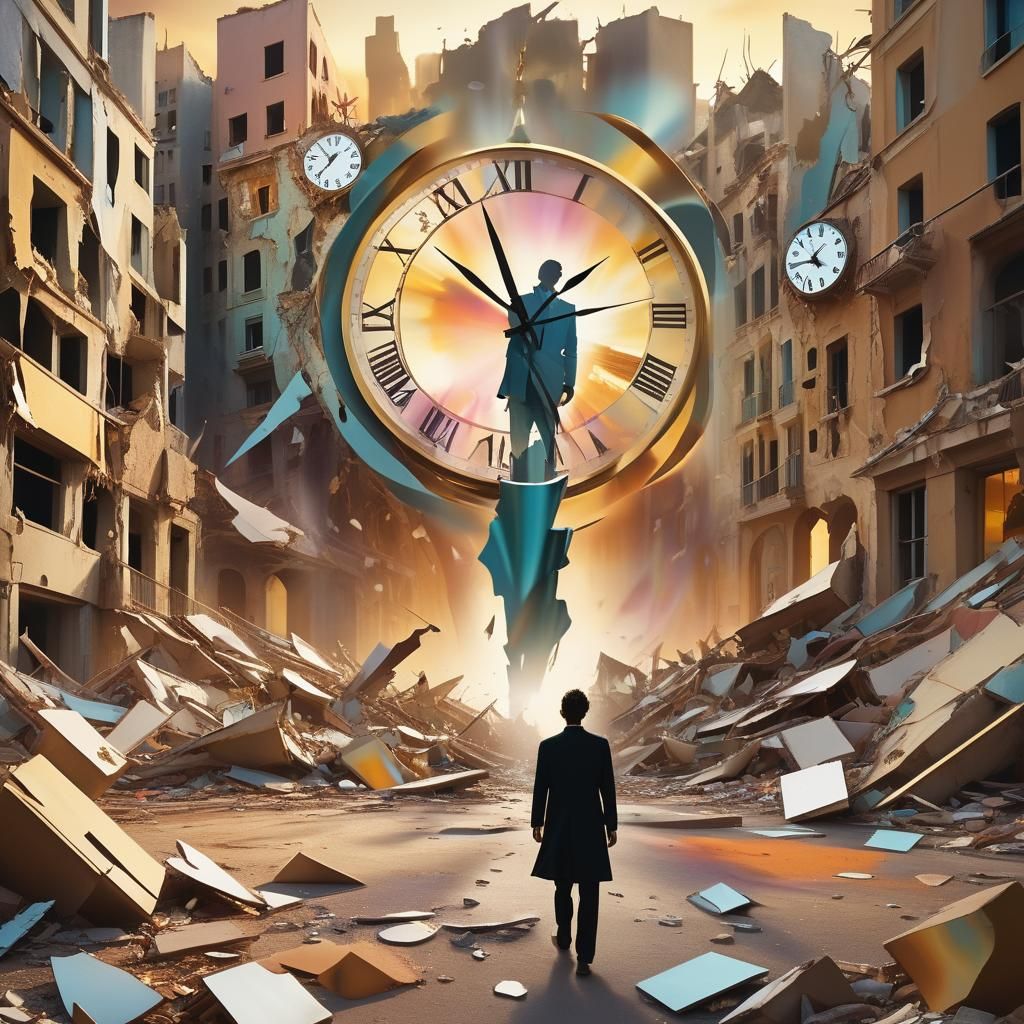 Surreal Figure Amidst Chaos in Dreamlike Colors