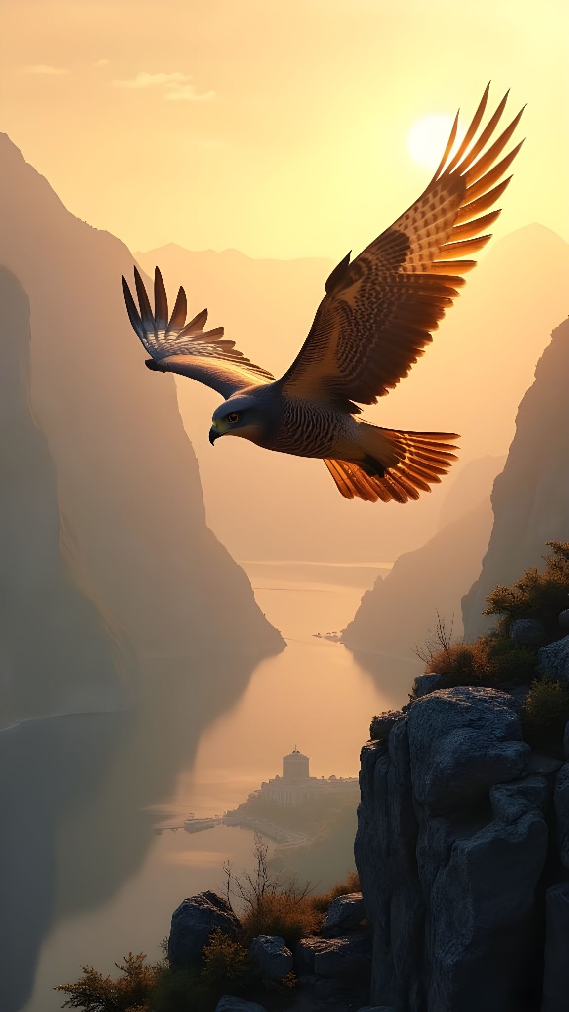 Majestic Falcon Soars Over Nordic Fjords in Golden Sunrise