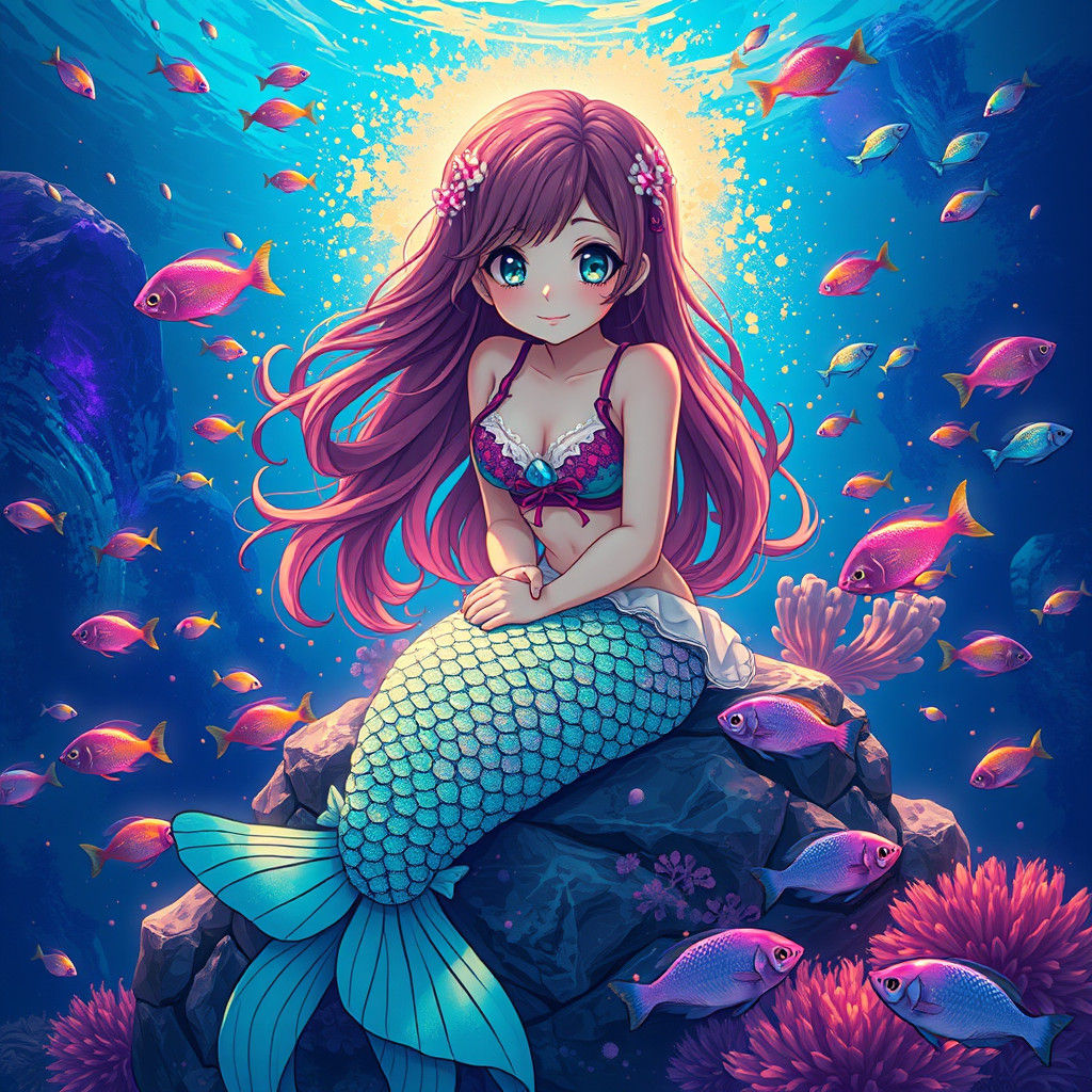 Anime Mermaid Girl in a Dreamlike Underwater World