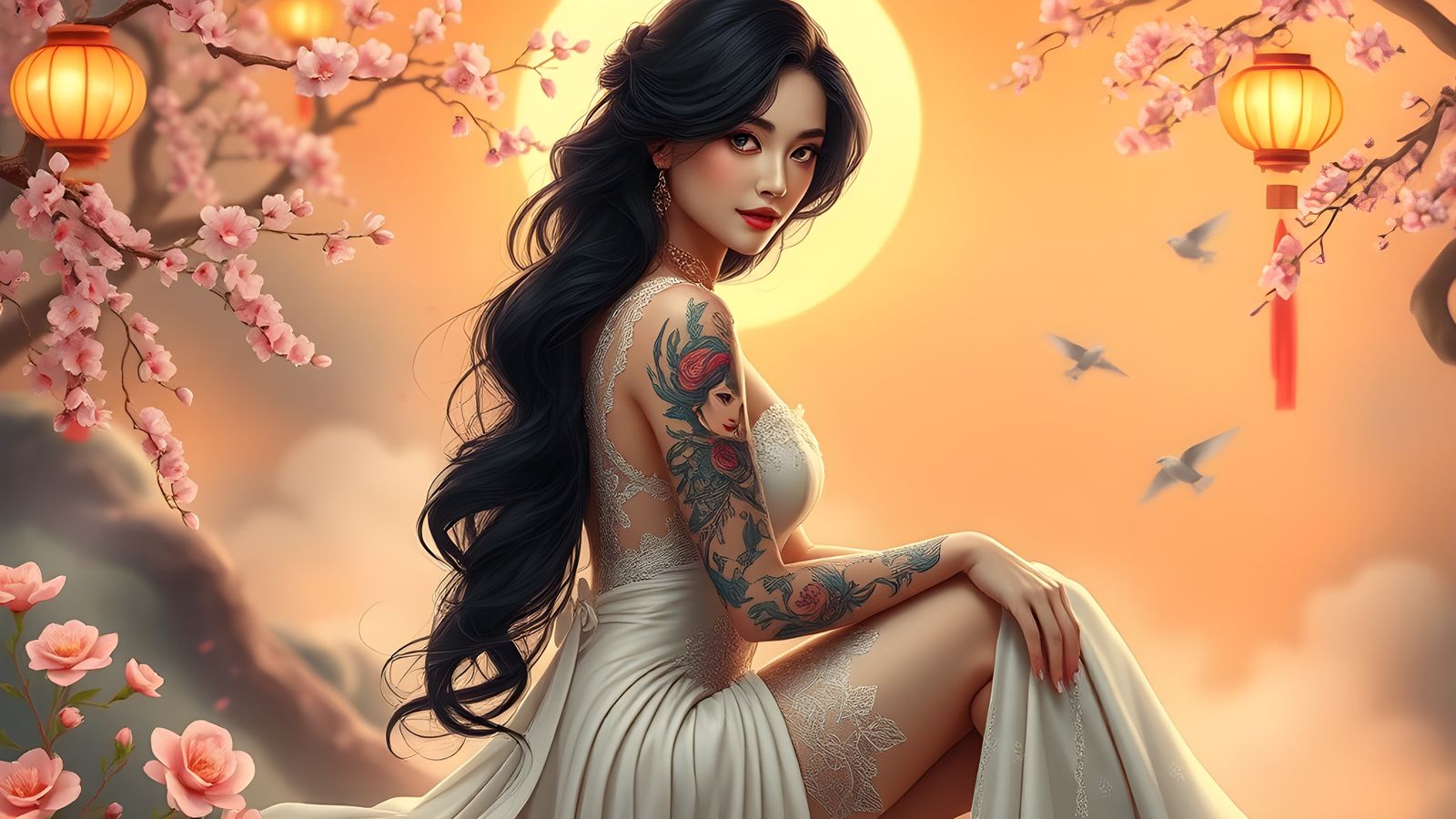 Elegant Woman with Floral Tattoos in Ethereal Setting
