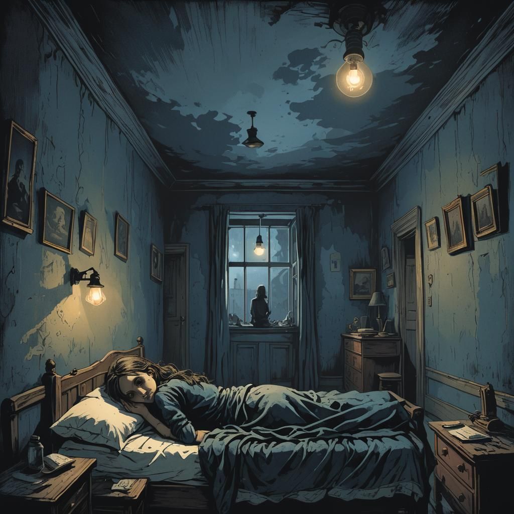 Haunting Girl in Hostel Room Illustration