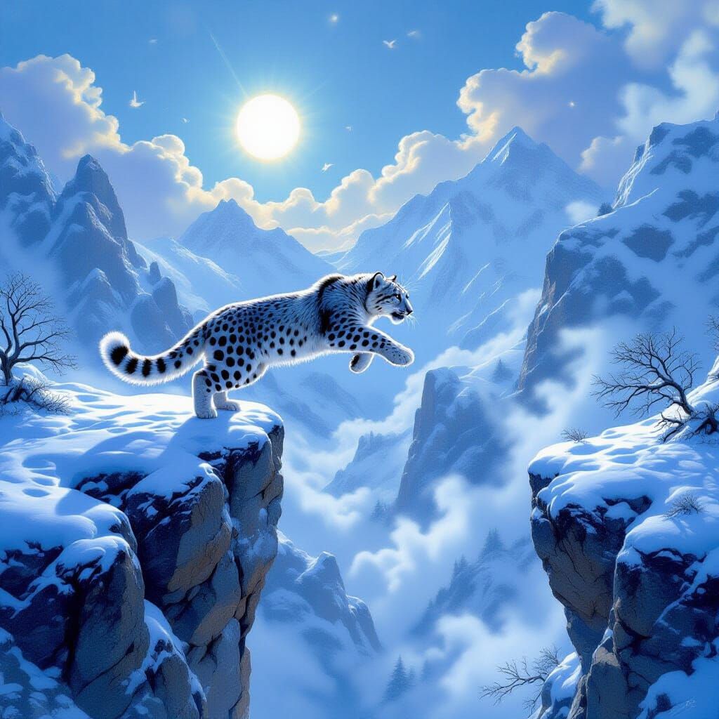 Snow Leopard Leaps Across Cliff in Ethereal Light