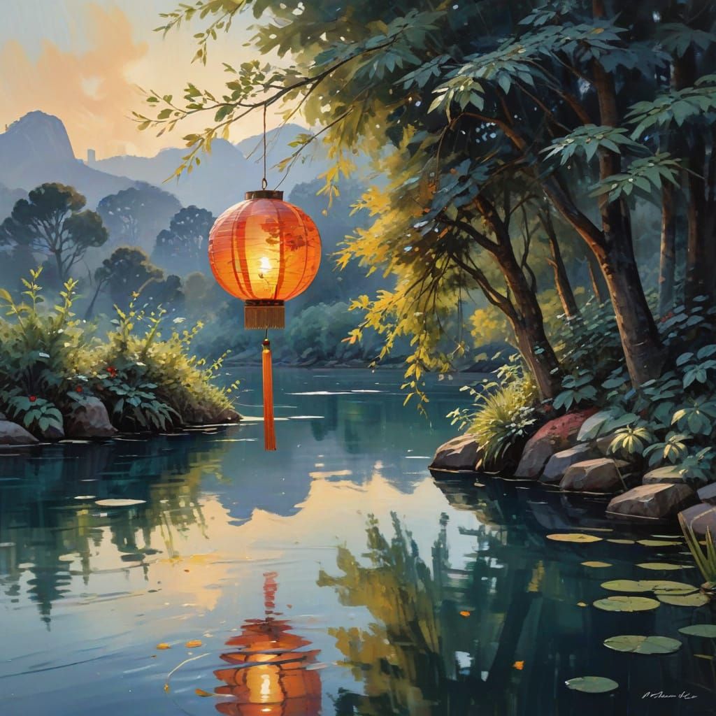Vibrant Chinese Lantern Over Tranquil Evening Lake, in Gouac...