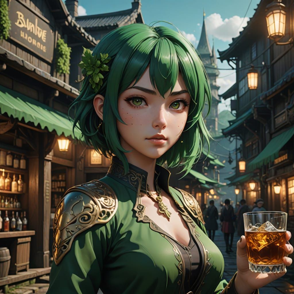 Anime Girl With Whisky, Detailed Matte Painting