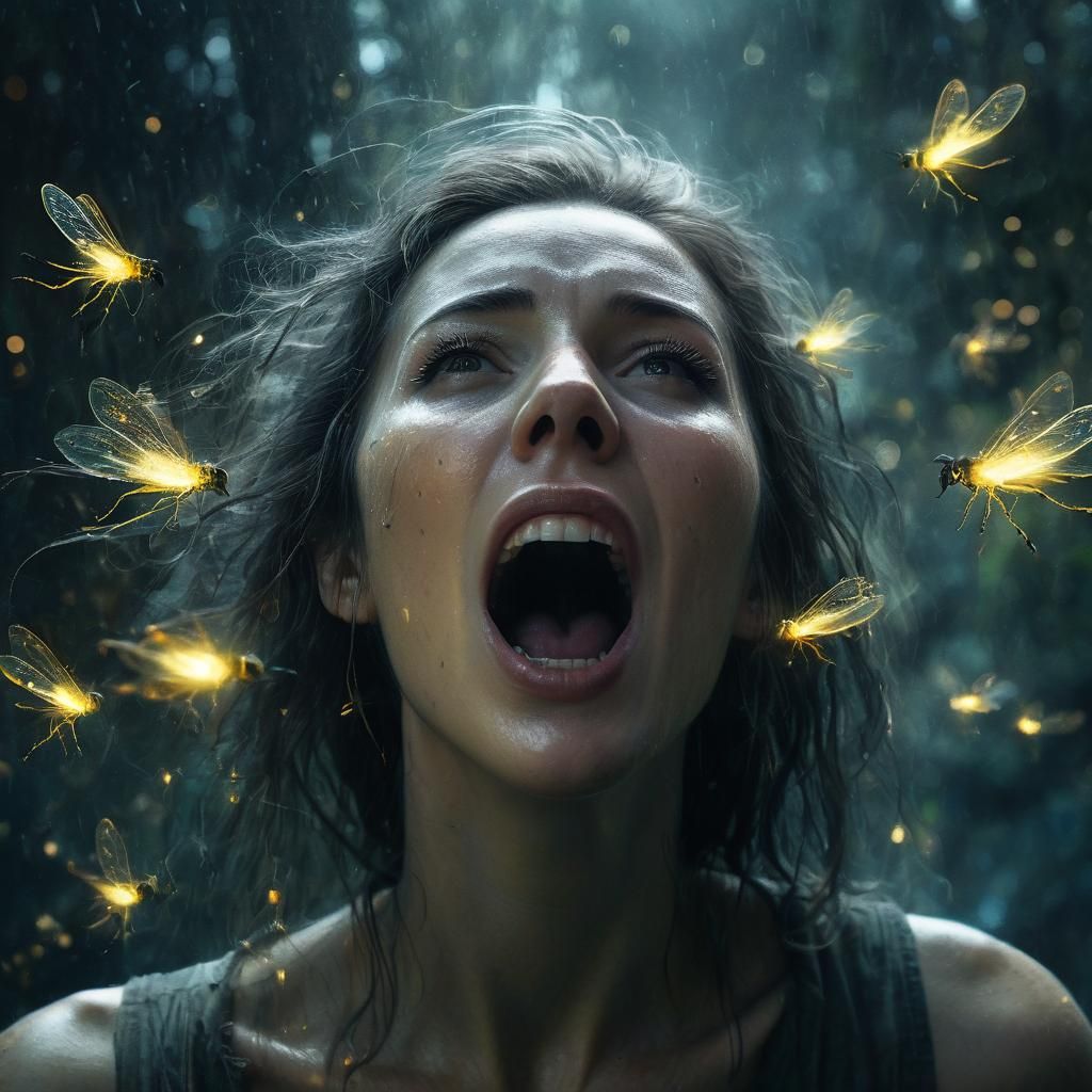 Psychedelic Sketch: Woman Screaming with Fireflies