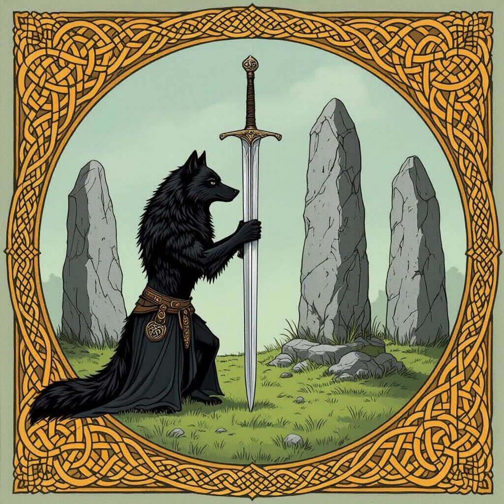 Heraldic Black Wolf Bowing to Sword