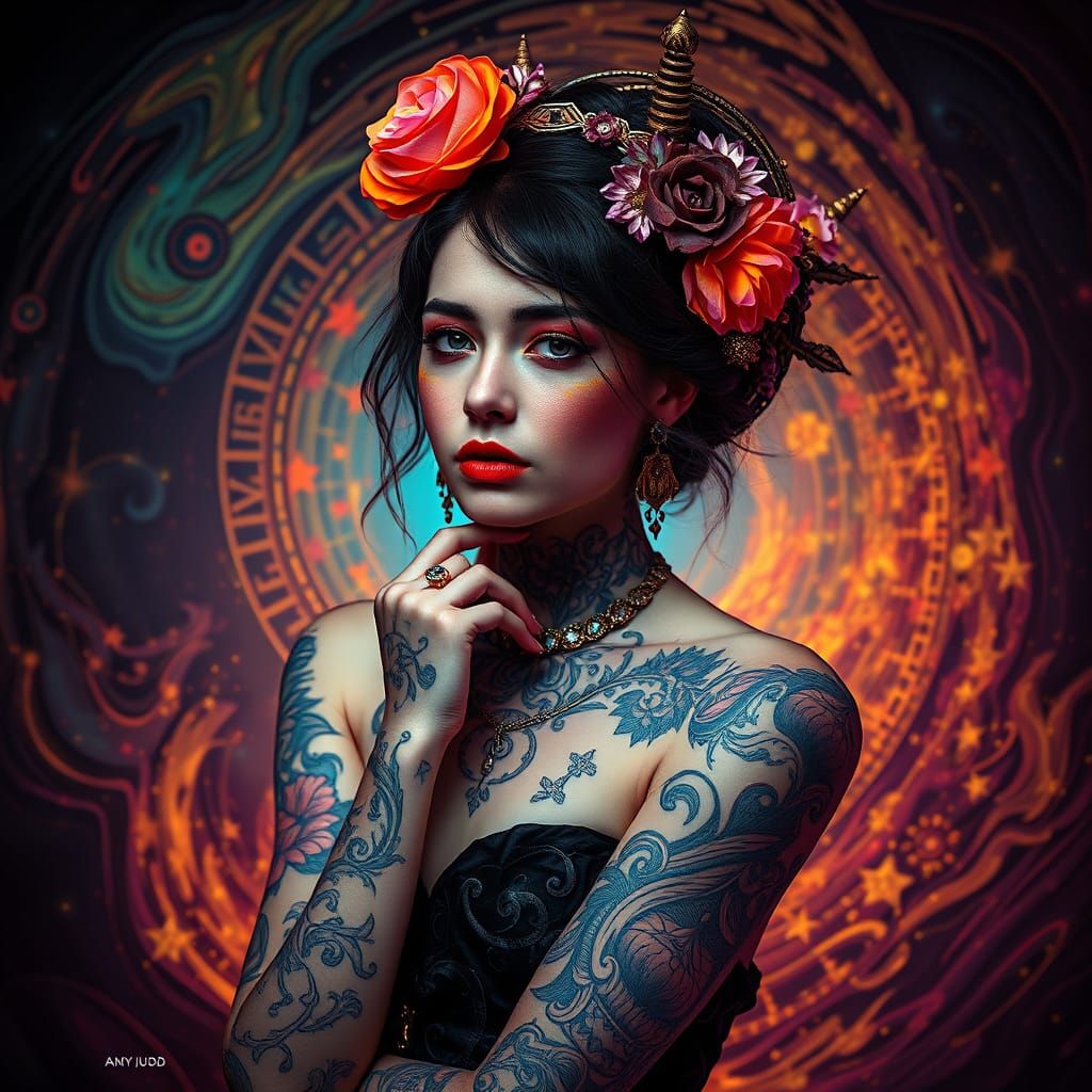 Edwardian Avant Garde Portrait in Klimt Golden Style