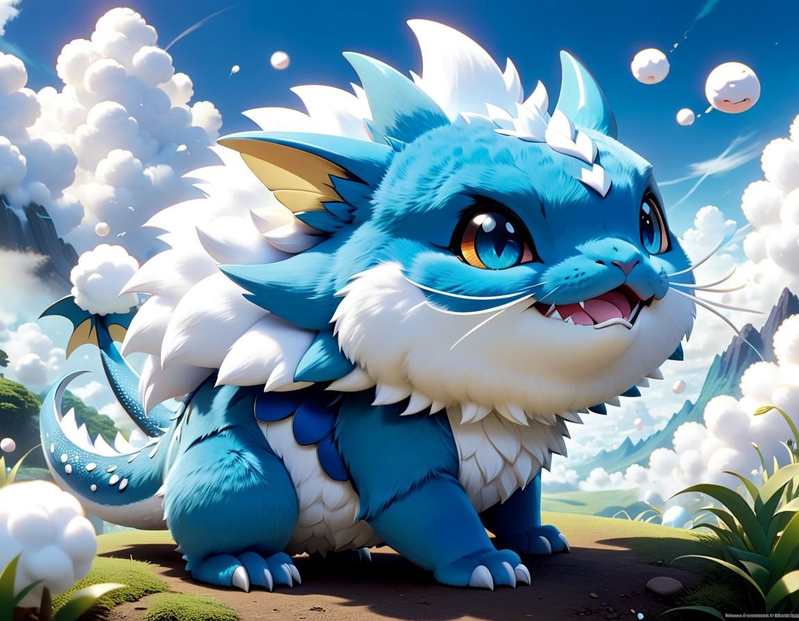Chibi Catfish Dragon Shapes Clouds in 3D Style