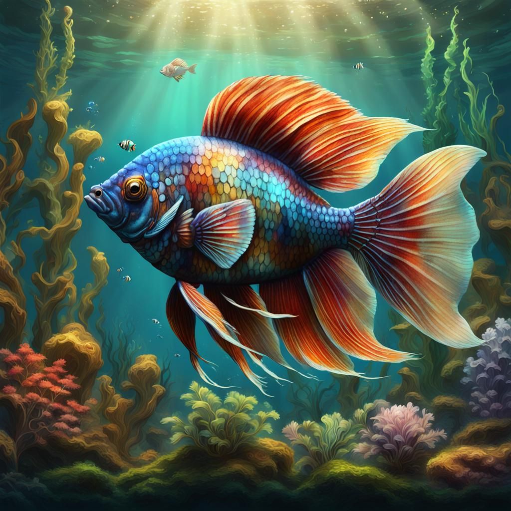 Underwater Beta Fish in Steampunk Anime Style