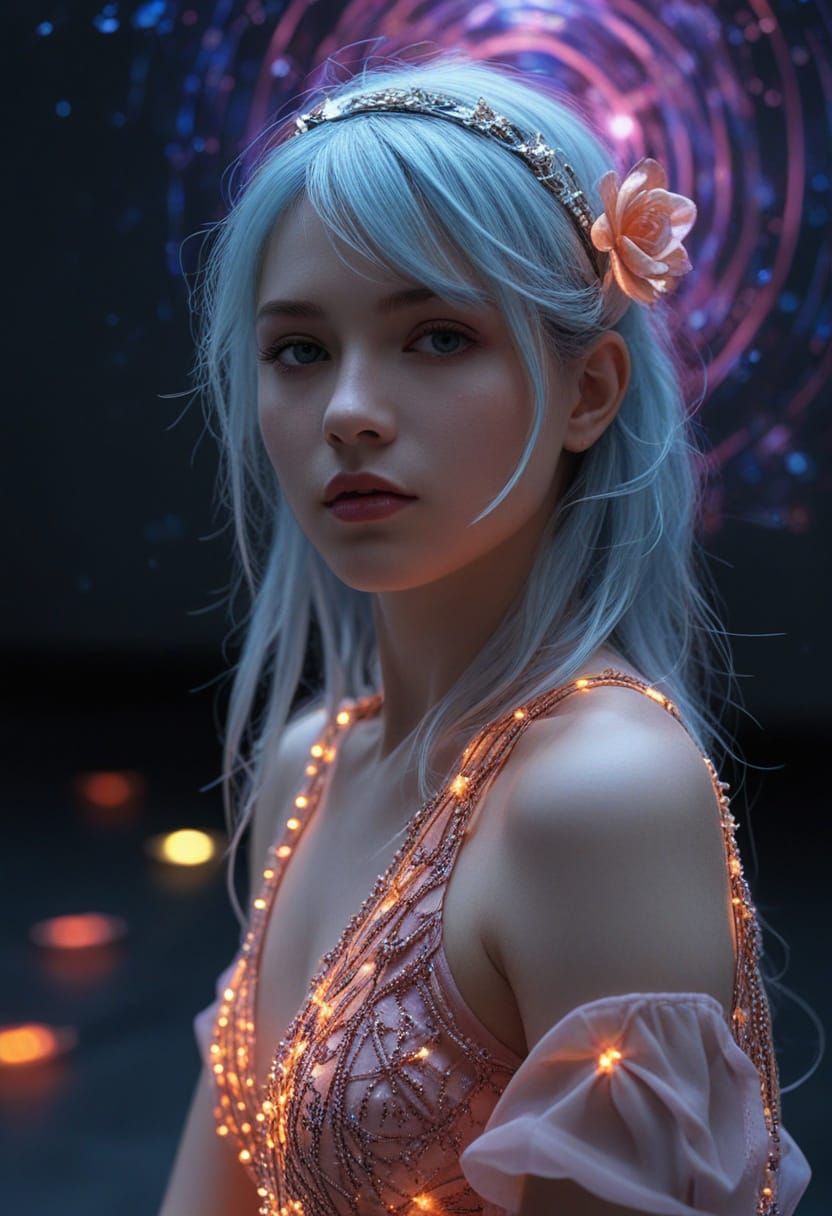 Young Woman in Neon-Lit Futuristic Cityscape