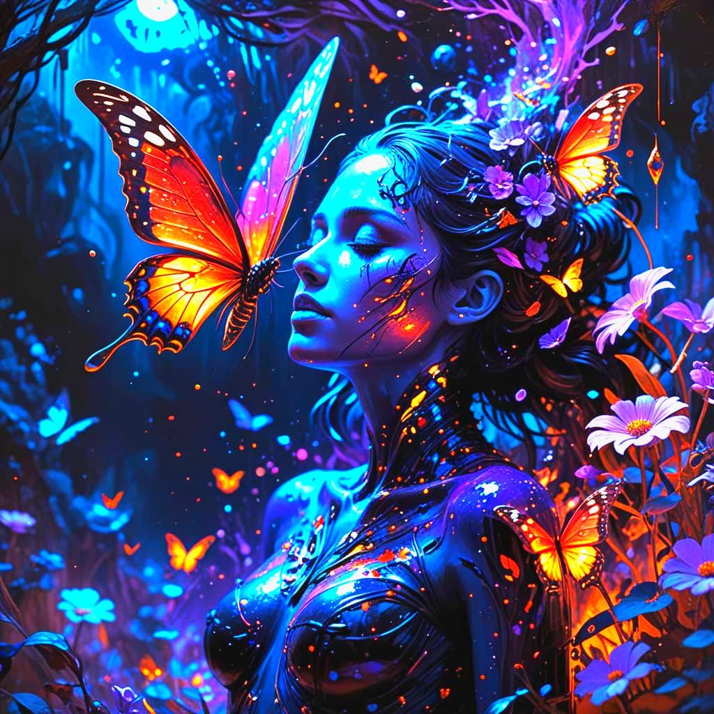 Grotesque Garden with Skeletal Butterflies in Bioluminescent...