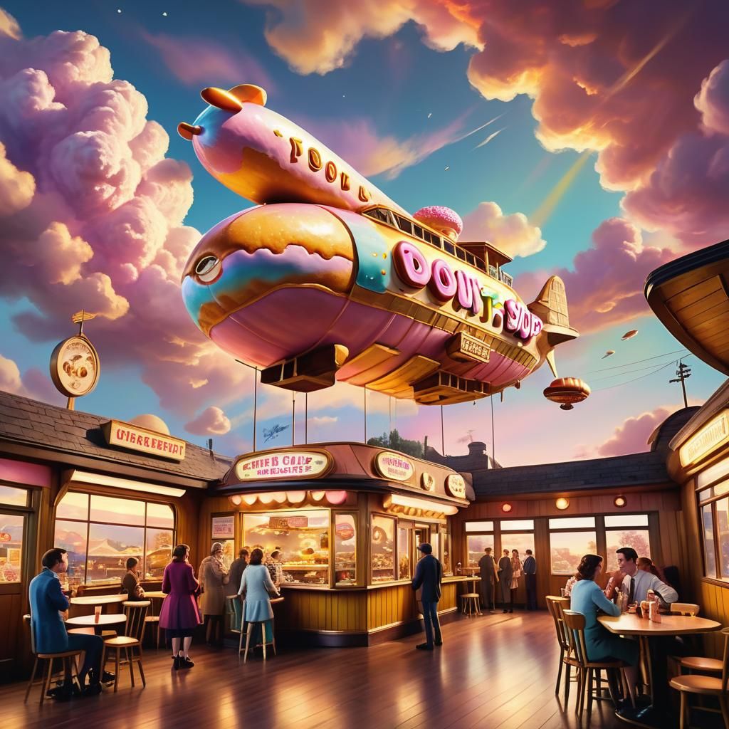 1950s Fantasy Donut Shop Airship in Steampunk Style