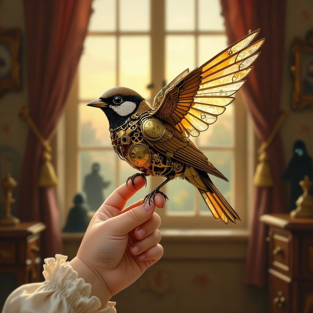 Steampunk Sparrow with Translucent Wings in Victorian Nurser...