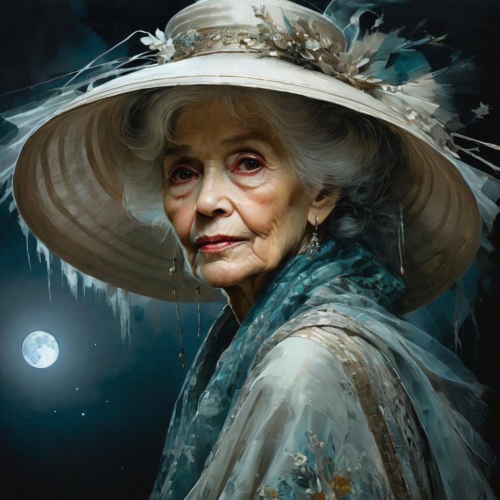 Old Woman in Moonlight, Detailed Fine Art