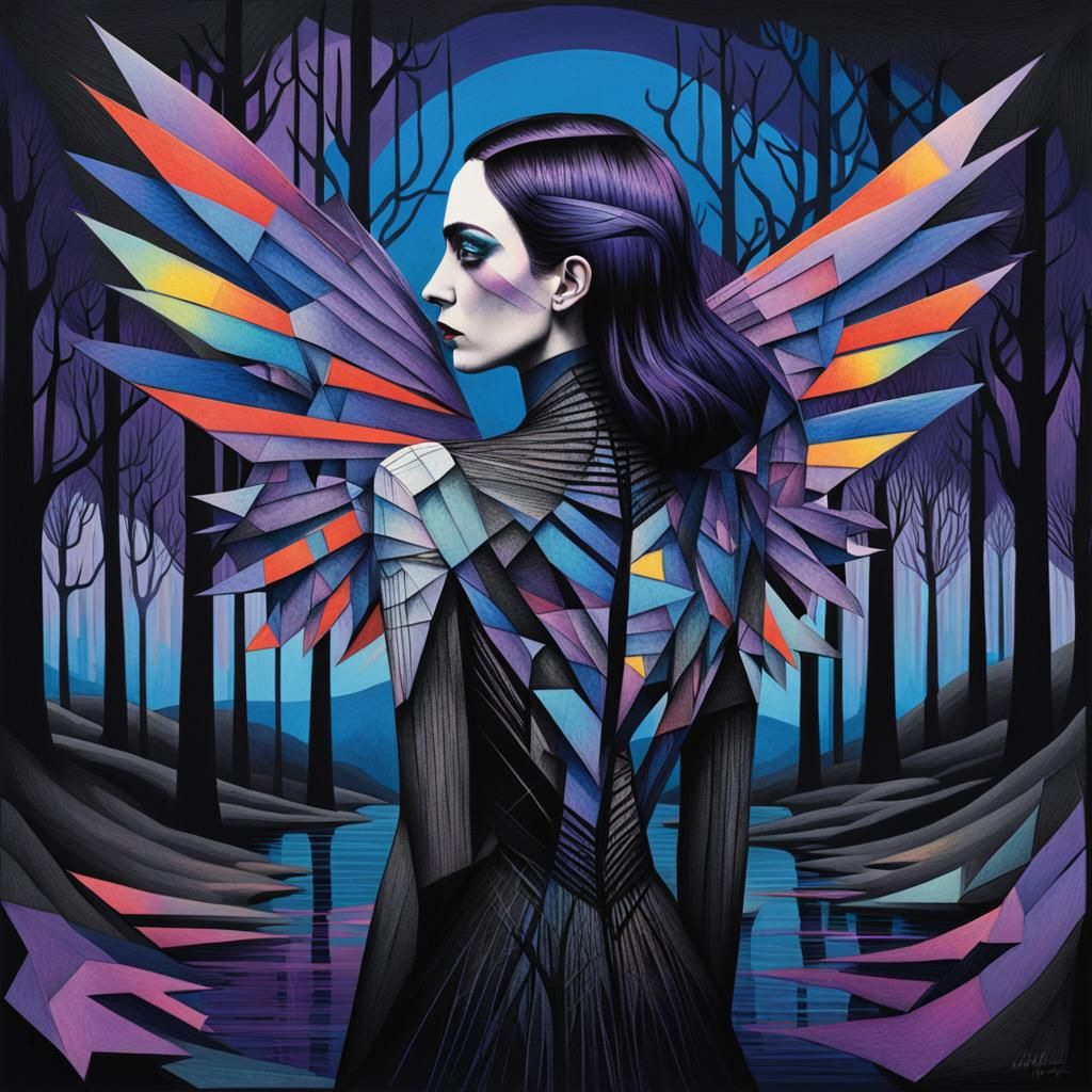 Cubist Goth Woman with Geometry Wings