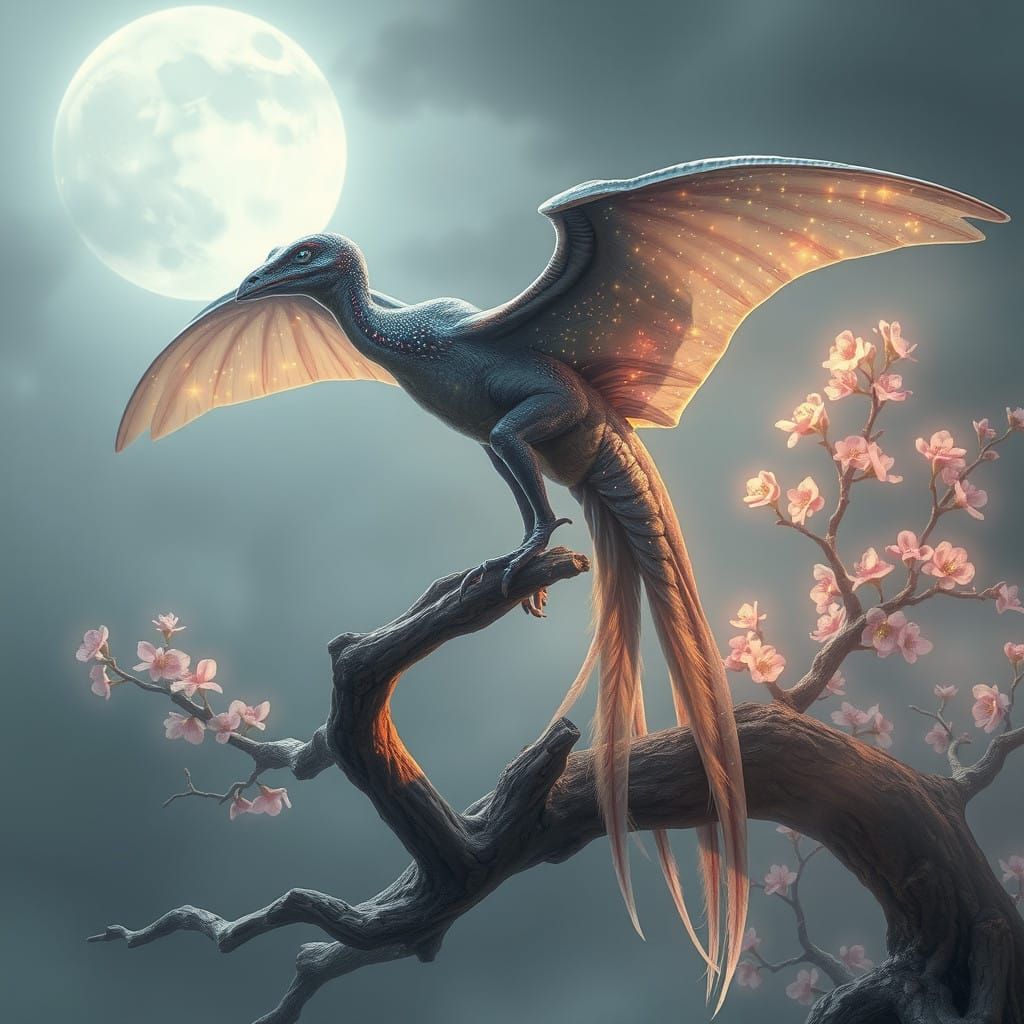 Majestic, Iridescent Pterodactyl in a Dreamlike Moonlit Land...