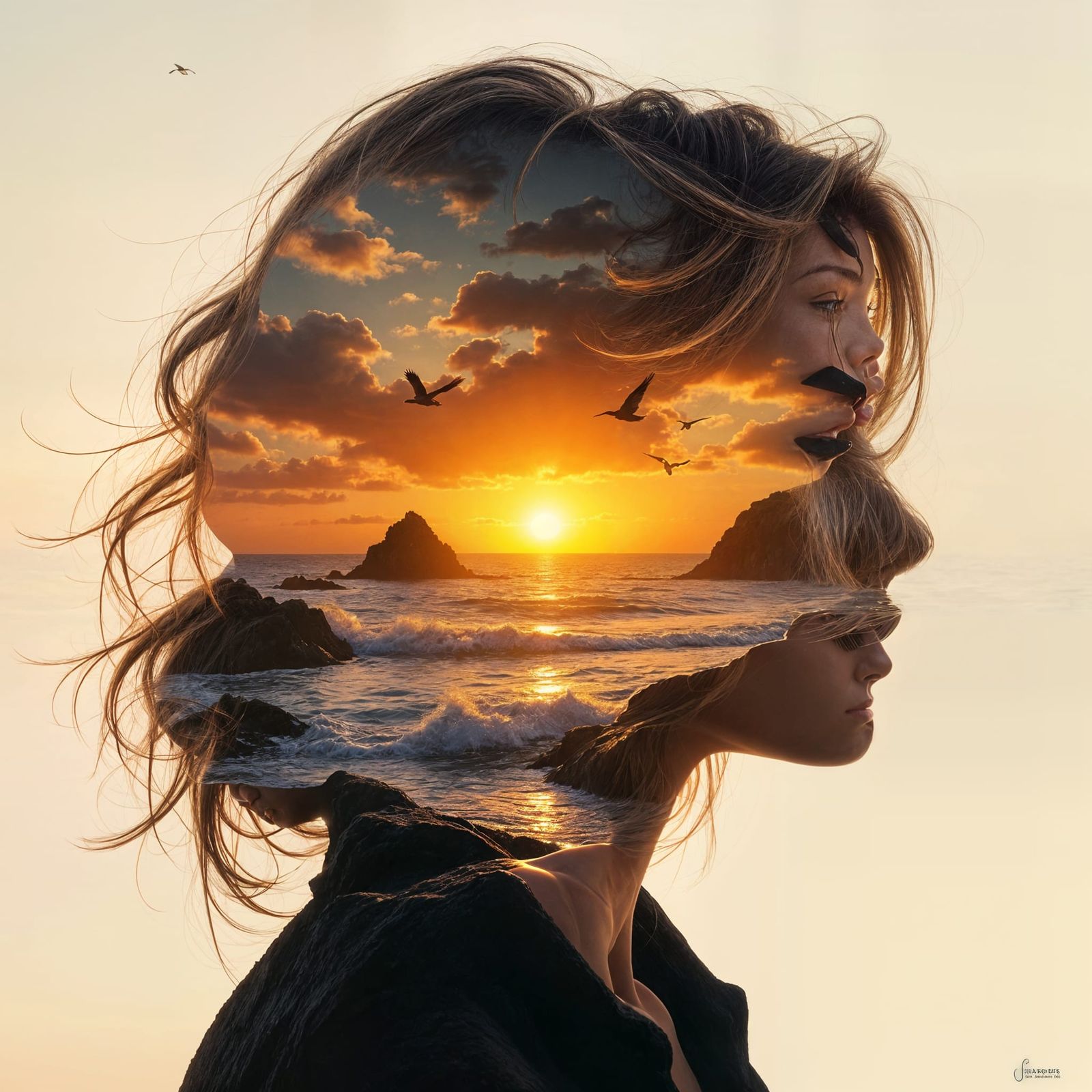 Sunset Silhouette: Hyperrealistic Double-Exposure Seascape