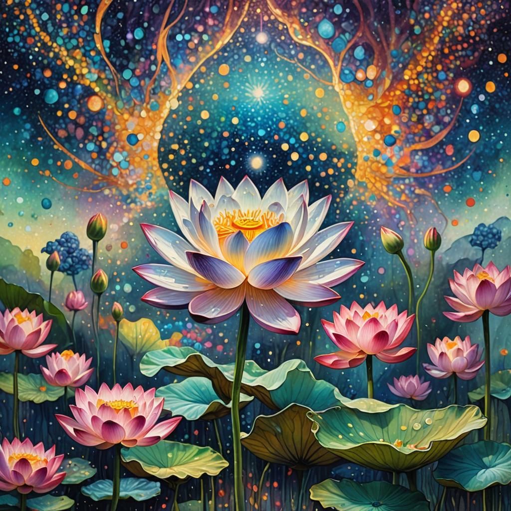 Lotus Flowers in Pointillism and Oil Painting Style