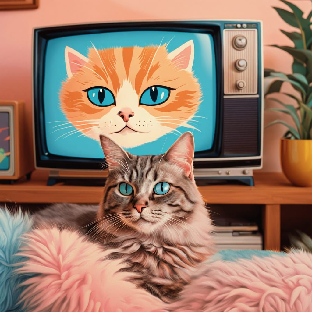 Art Deco Cat Watching TV in Retro Style