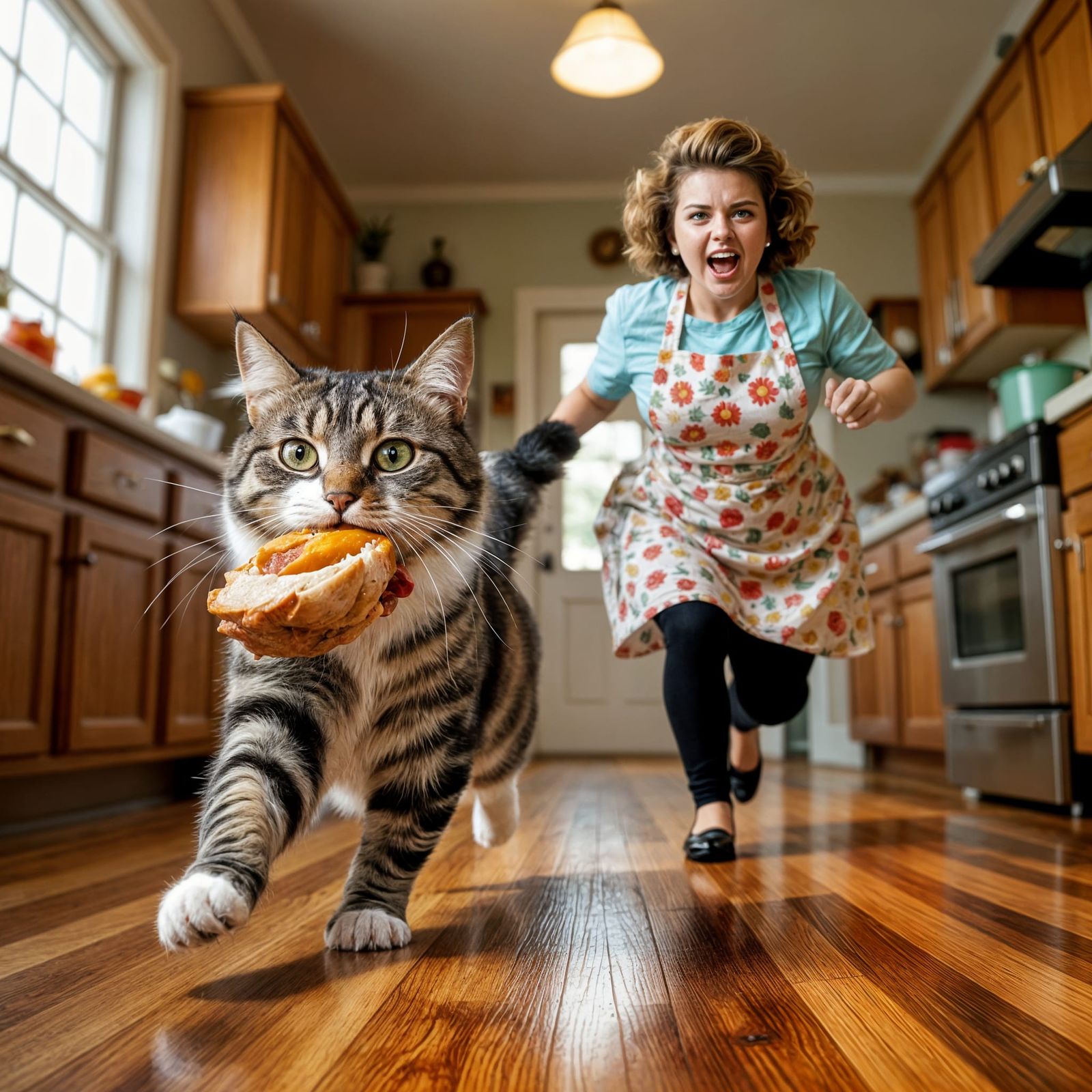 Tabby Cat Steals Thanksgiving Turkey in Retro 80s Scene