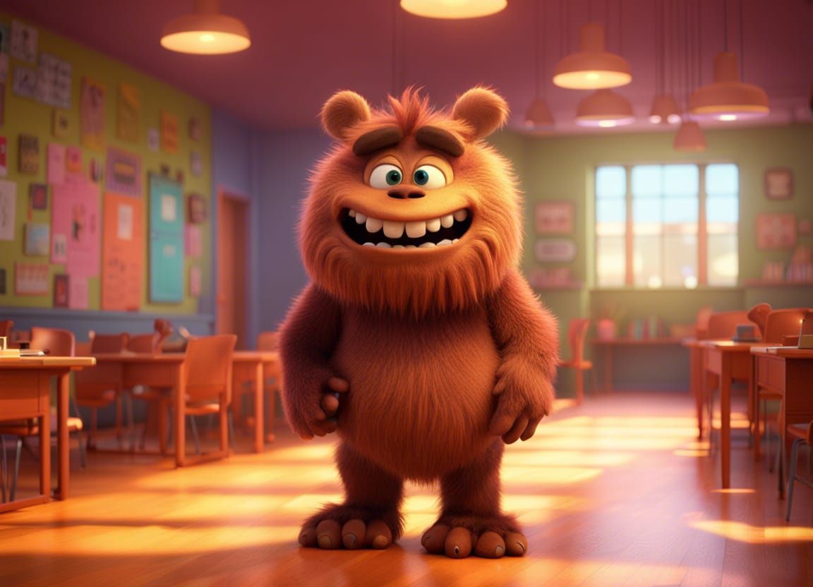 Brown Furry Monster's First Day: 3D Digital Art