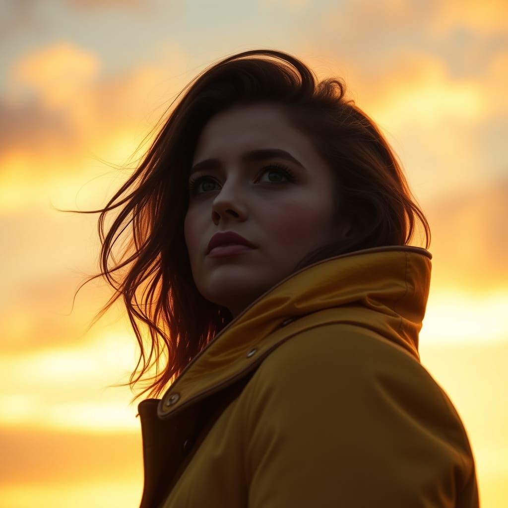 Woman in Gold Coat Gazing at Sunset