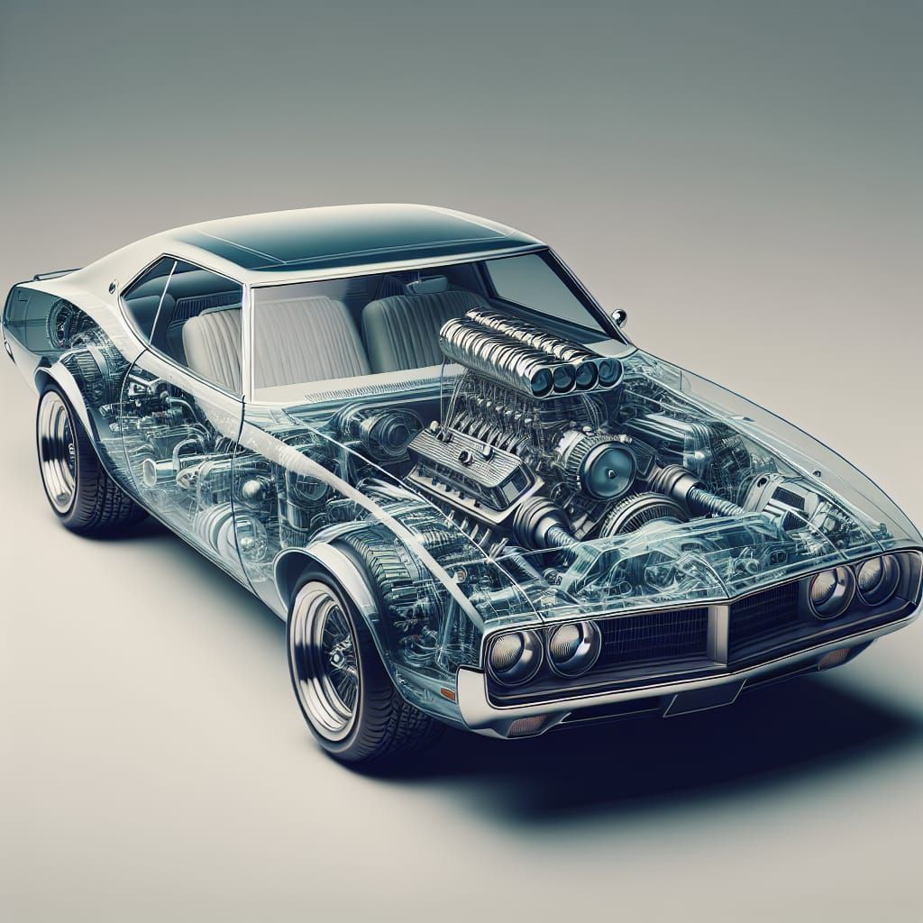 Transparent 1970s Car: Mechanical Engine Visible