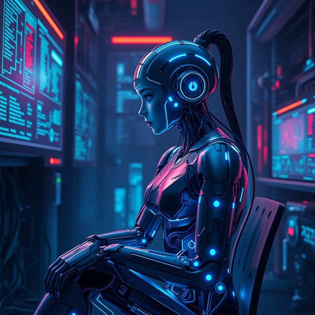 Cybernetic Girl Lost in Digital Labyrinth