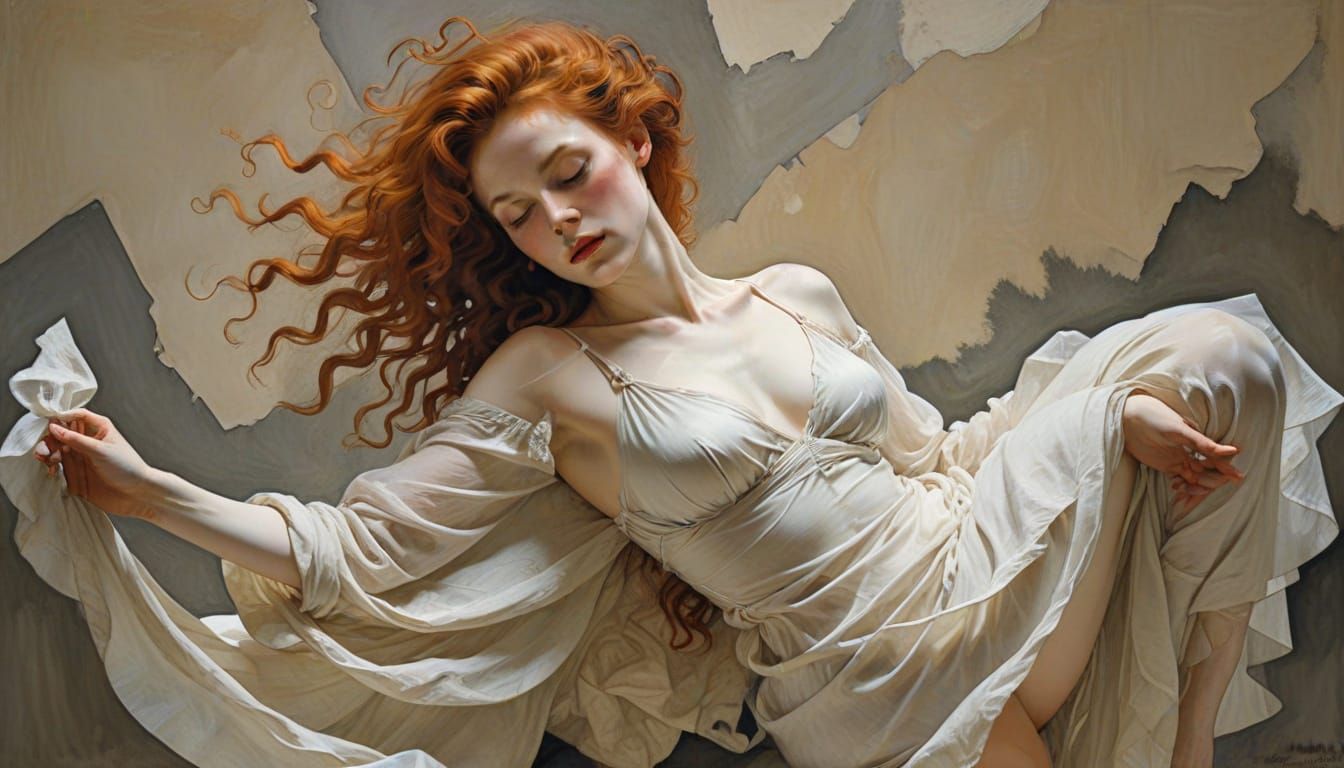 Sensual Redhead in Diaphanous Attire: Dreamy Romantic Portra...