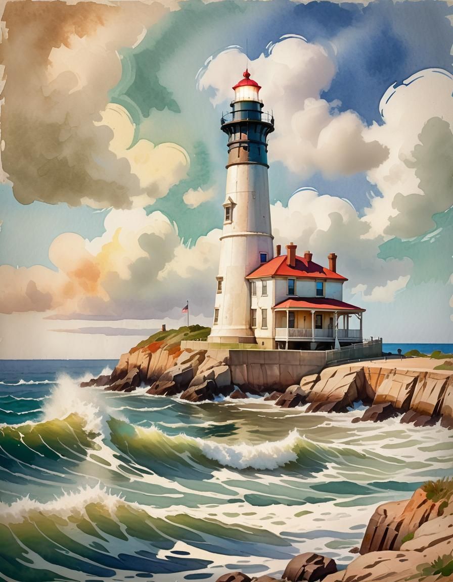 Old Lighthouse in Gouache Style, Historic Rendering
