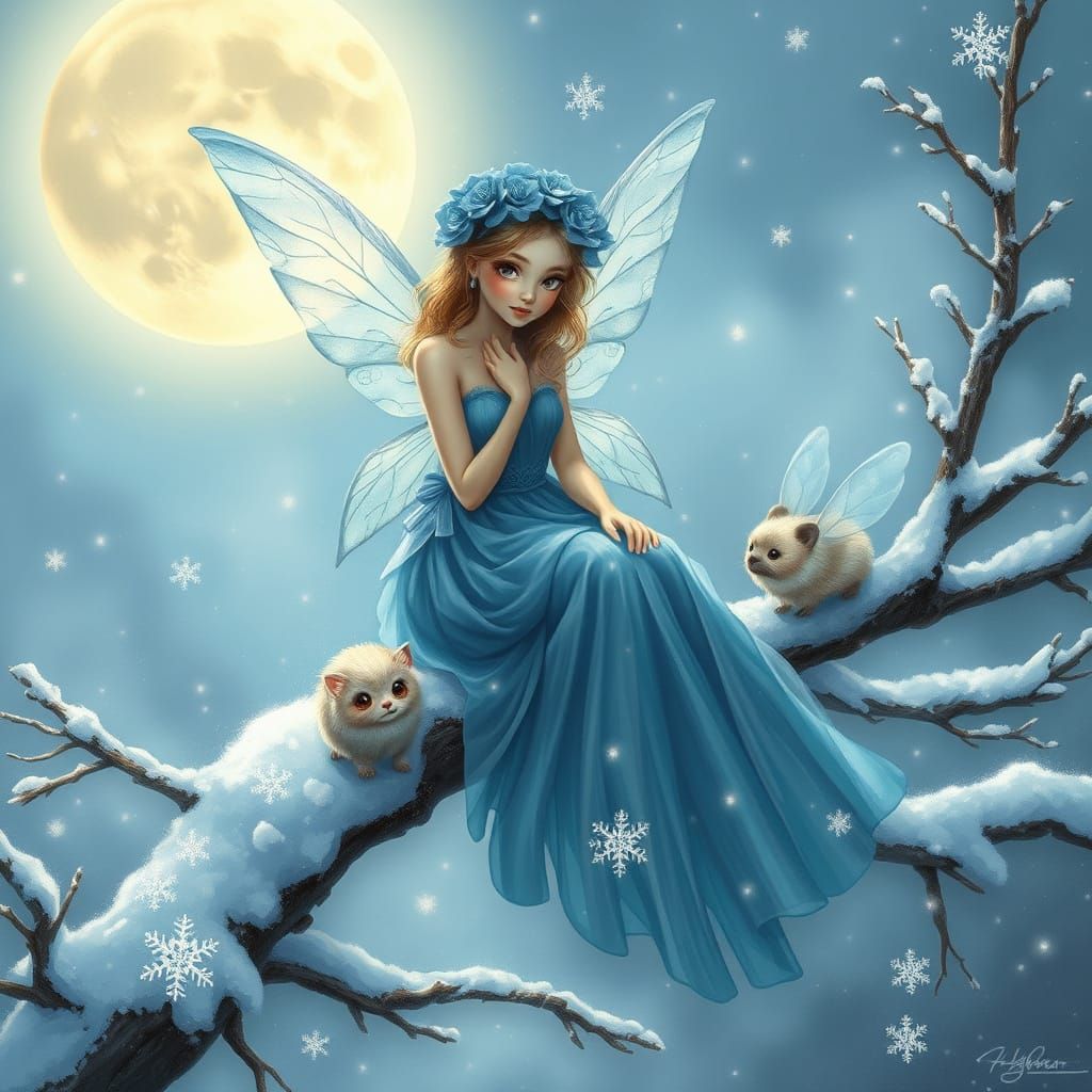 A serene snowy landscape with a fairy seated on a branch. The fairy has translucent wings and wears a flowing blue dress...