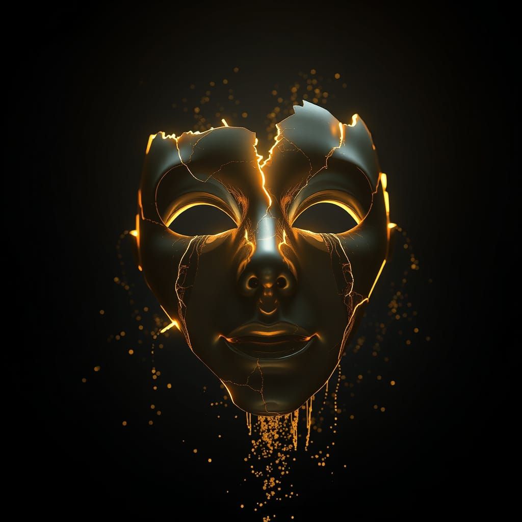 A shattered porcelain mask, meticulously repaired with golden kintsugi, floats serenely in a dark void. Light emanates f...