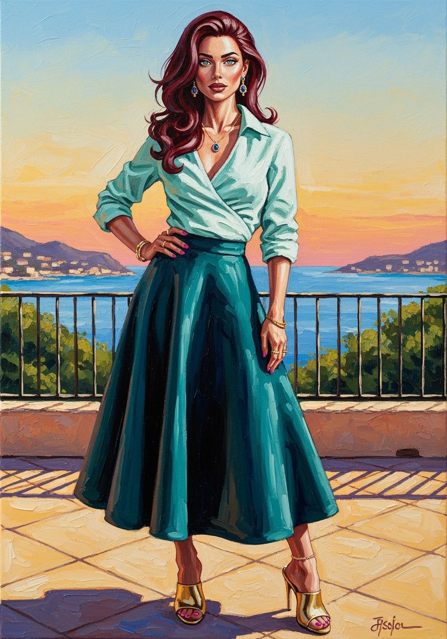 Elegant Woman in Teal Skirt by Mediterranean Sunset