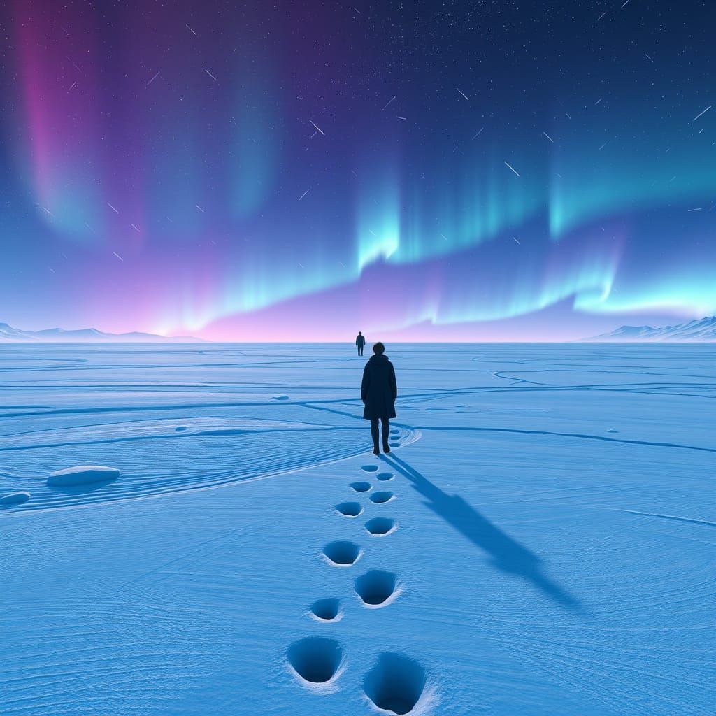 Lone Traveler Amidst Aurora's Radiance in a Cyberpunk Aesthe...