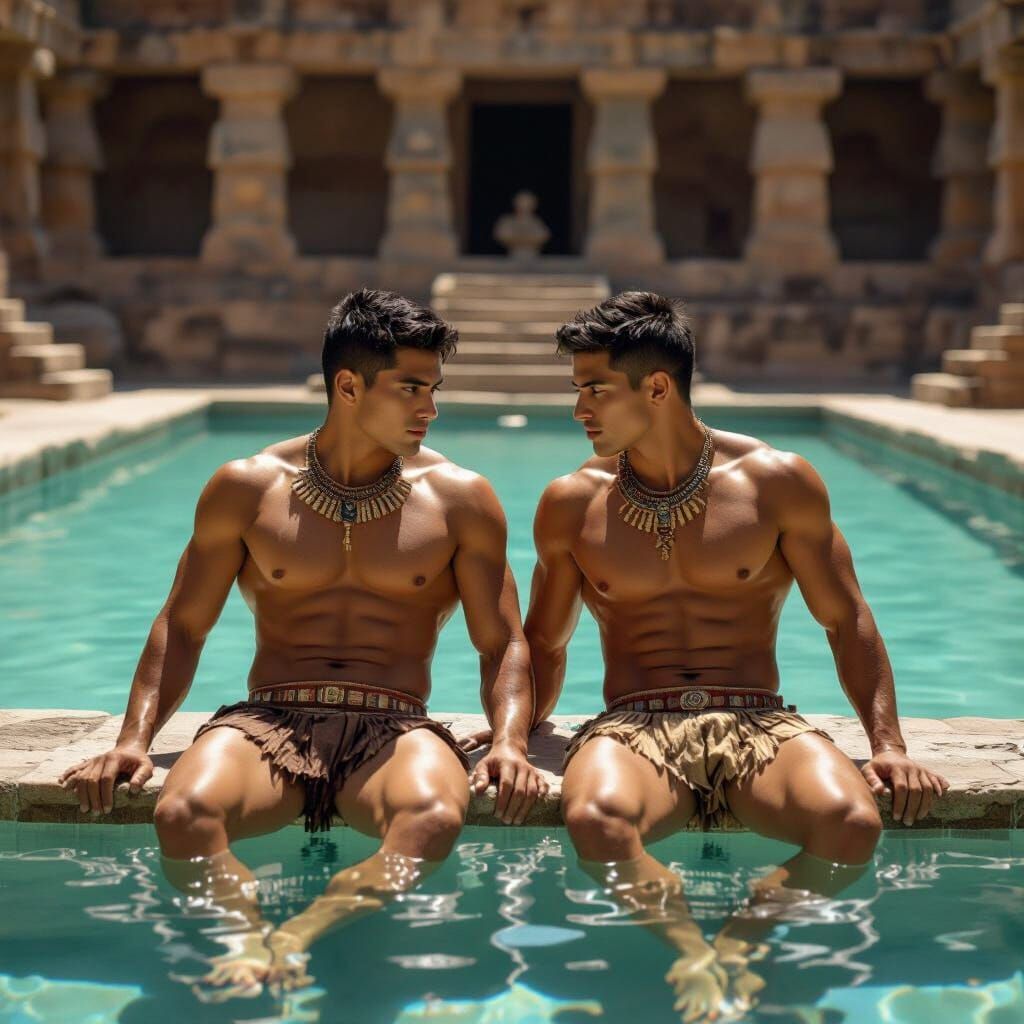 Two Muscular Aztec Youths by a Temple Pool