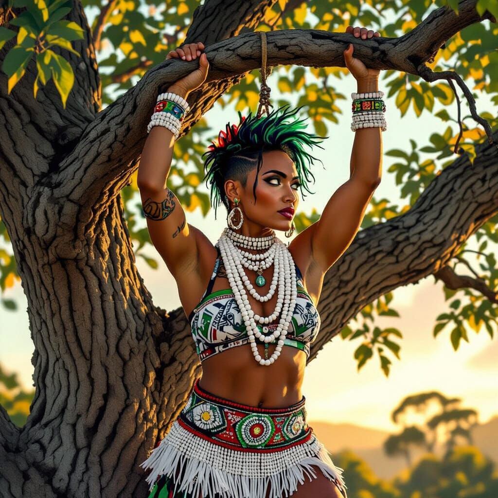 Maori Woman Performing Pull-Up in Golden Hour Light