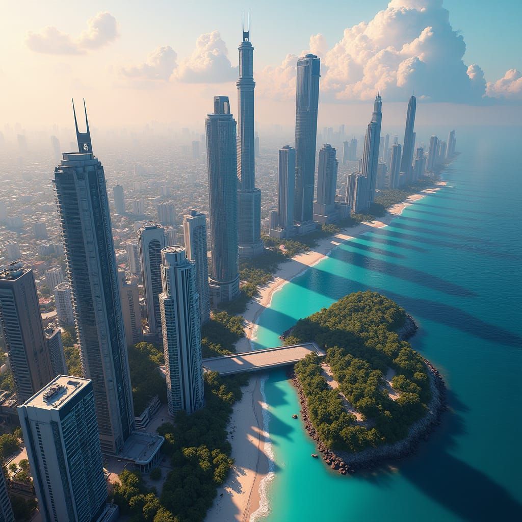 Futuristic Miami Aerial View: Fantasy Matte Painting