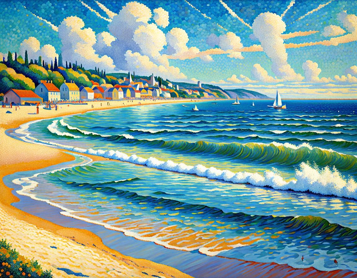 Pointillist Beach Scene on a Summer Day