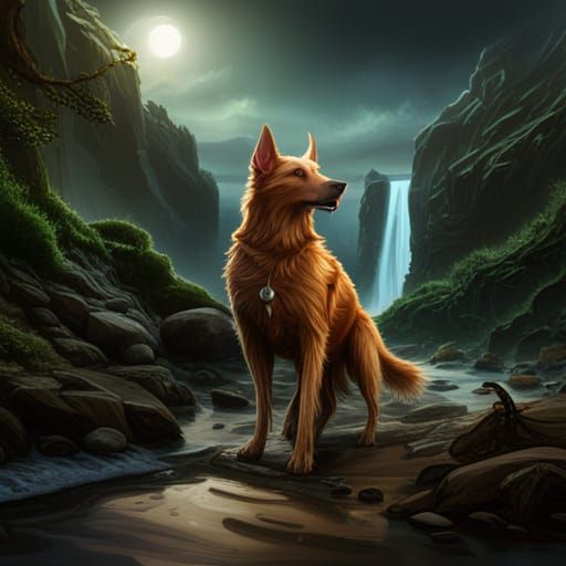 Fantastical Detailed Painting of a Dog in Deep Color