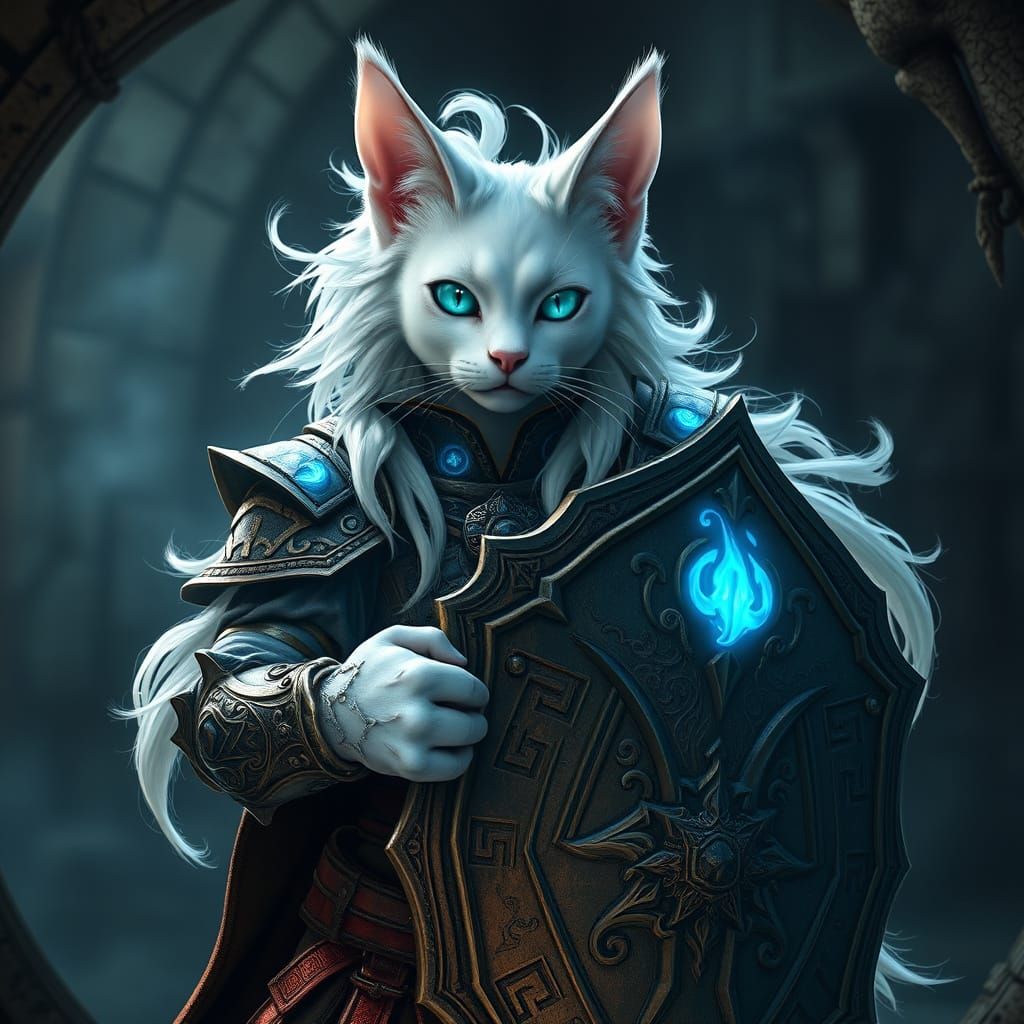 Ethereal Cat in Ornate Armor Radiates Mystical Energy