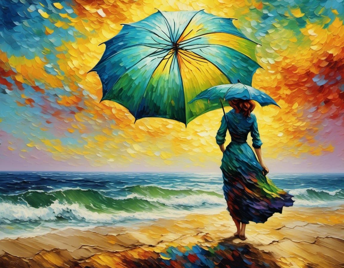 Seascape with Woman and Umbrella in Van Gogh Style