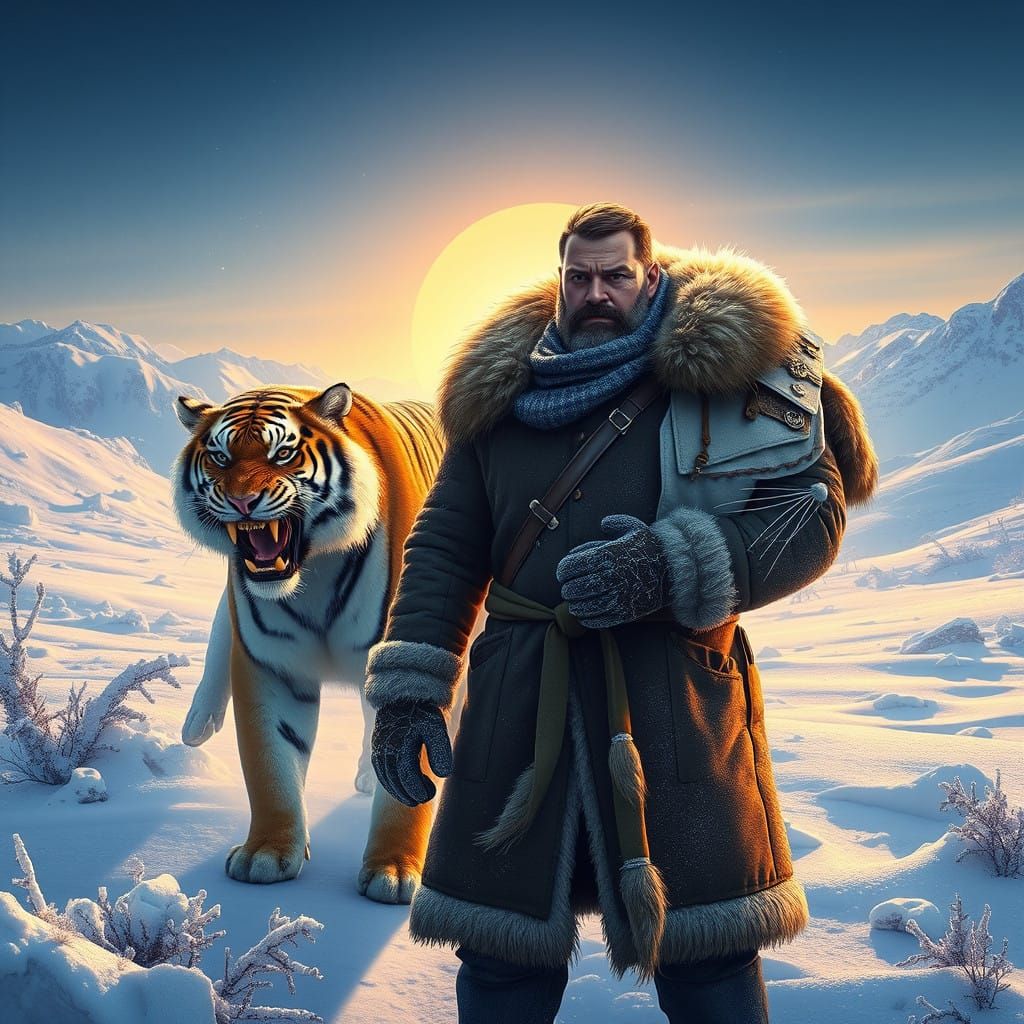 Confident Adventurer Stands Beside Majestic Tiger in Snowy L...