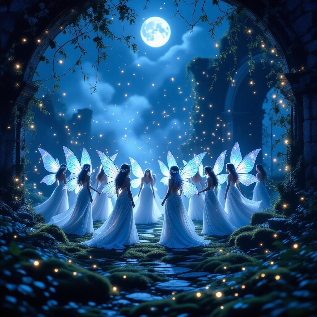 Ethereal Fairies Dancing in Moonlit Magical Clearing