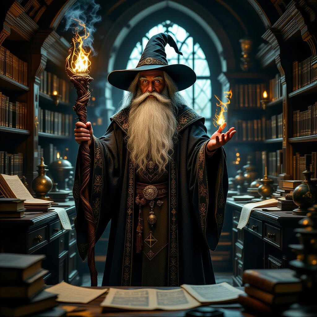 Enchanting Wizard Portrait in a Nostalgic Fantasy Study