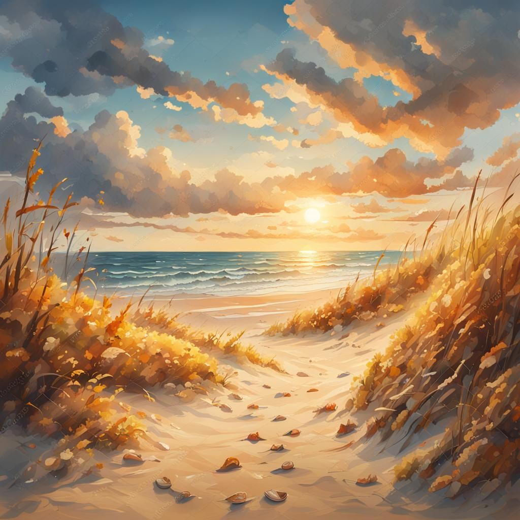 Seascape View with Amber Sunset: Dreamy Shoreside Ambiance