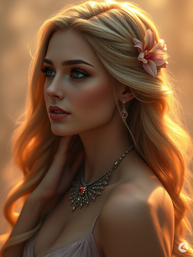 Golden Haired Woman Portrait with Floral Accent