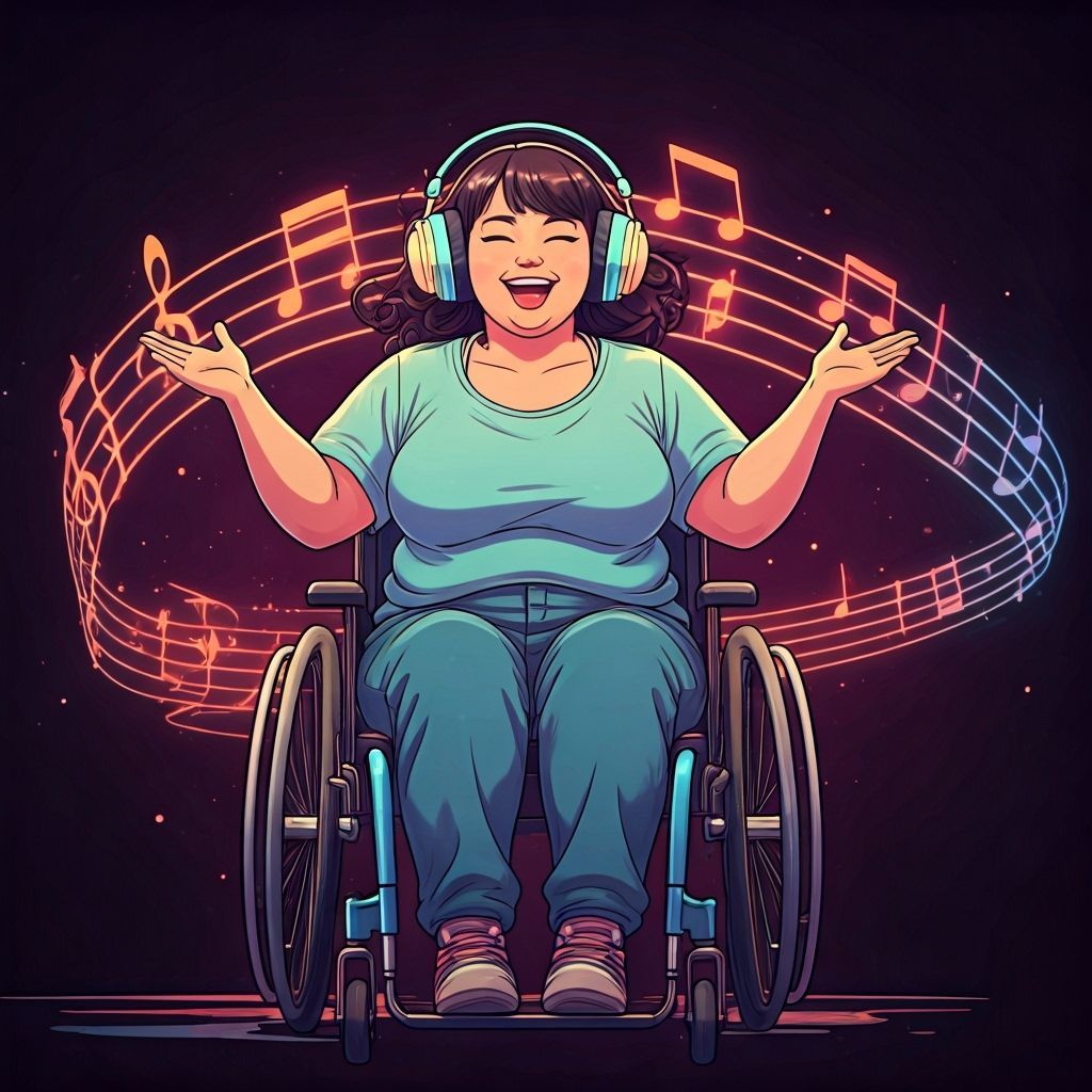 Woman in Wheelchair Surrounded by Music, Cel-Shaded Style