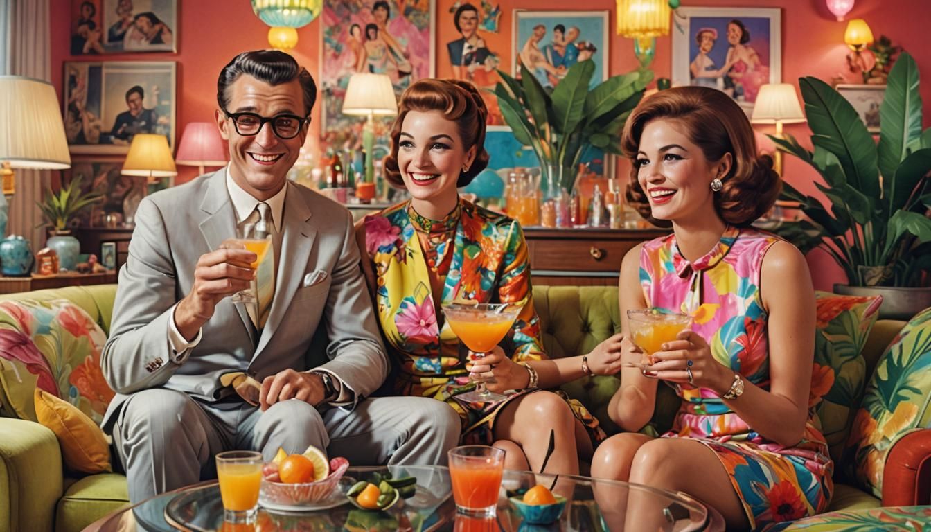 Kitschy 1960s Cocktail Party in Hyperrealistic Style