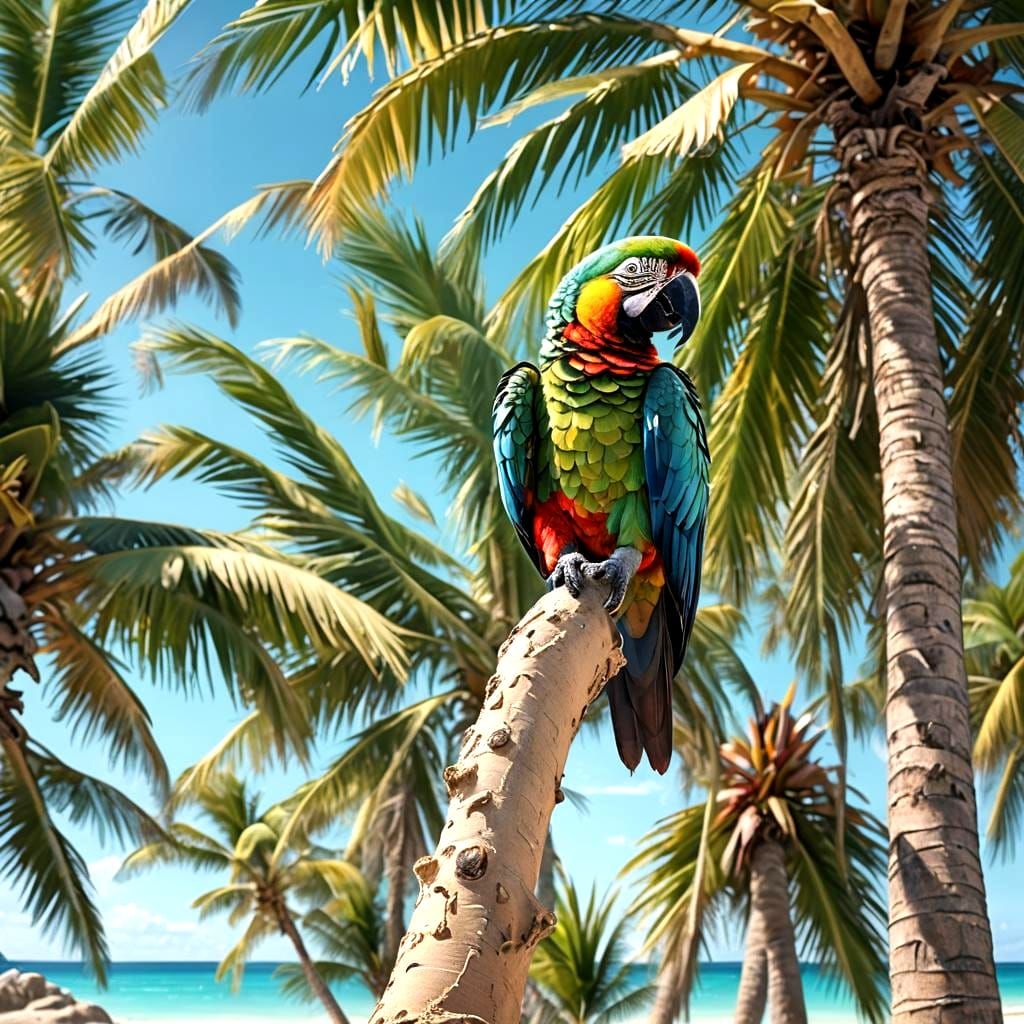 Tropical Island Paradise with Parrot in 3D Style
